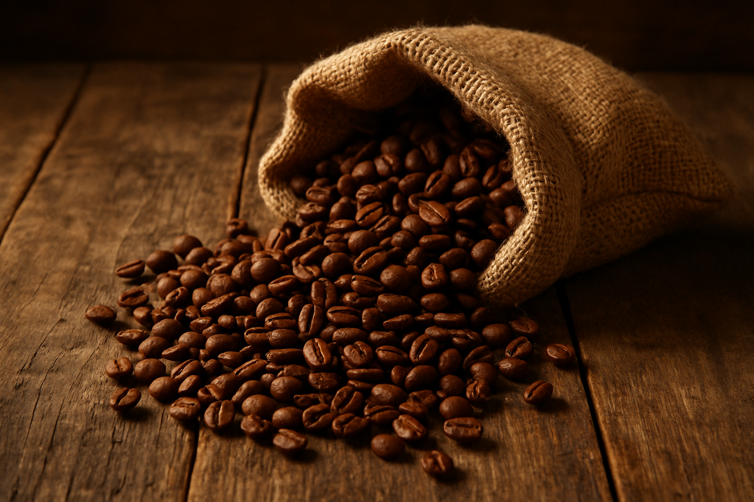 coffee beans on a wooden table in a burlap bag